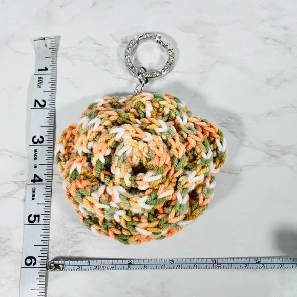 Peach Crochet Flower Bag Charm W/Silver Bling Ring - Picture 4 of 5